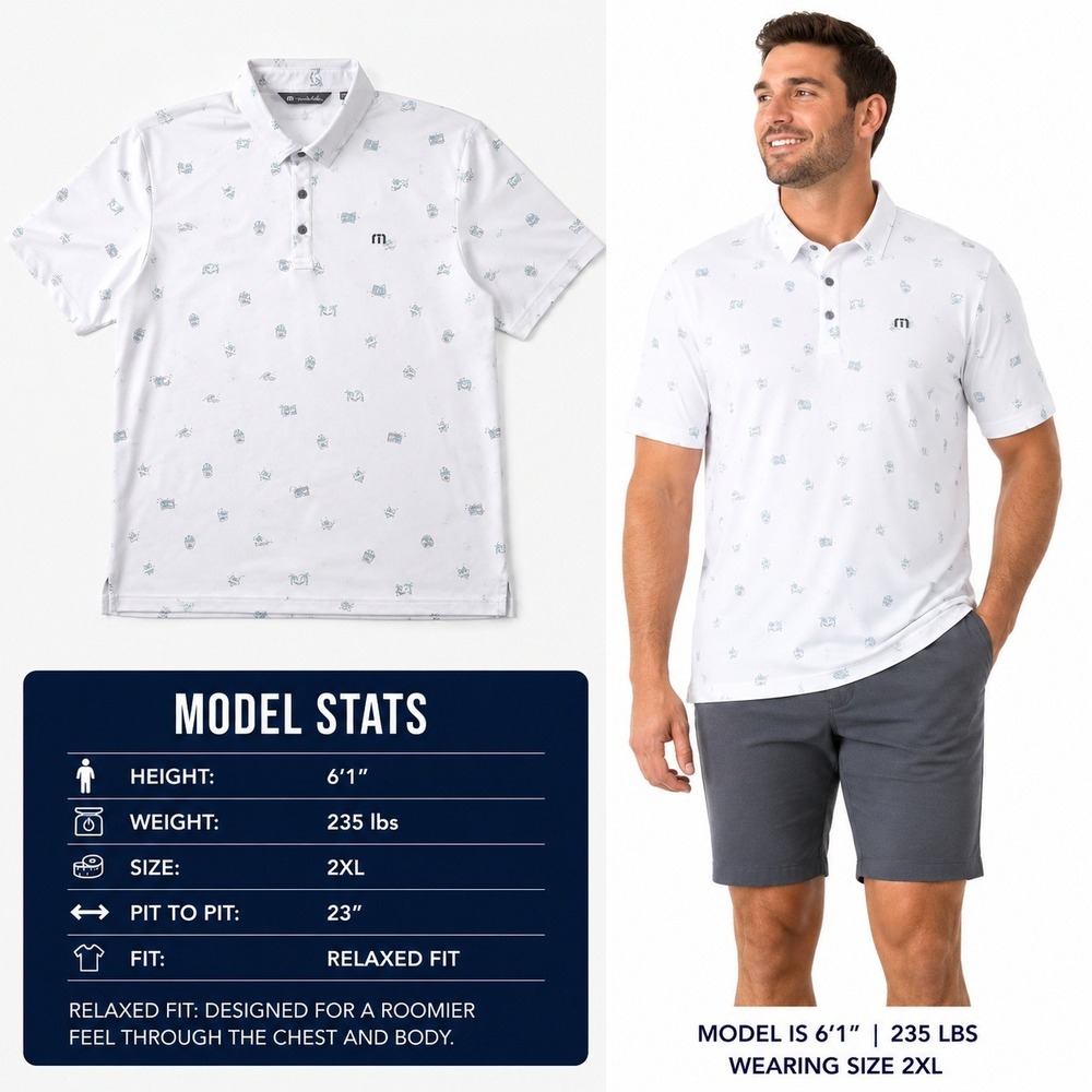 TravisMathew Mens XXL White Beach Print Golf Polo Shirt Relaxed Fit Short Sleeve